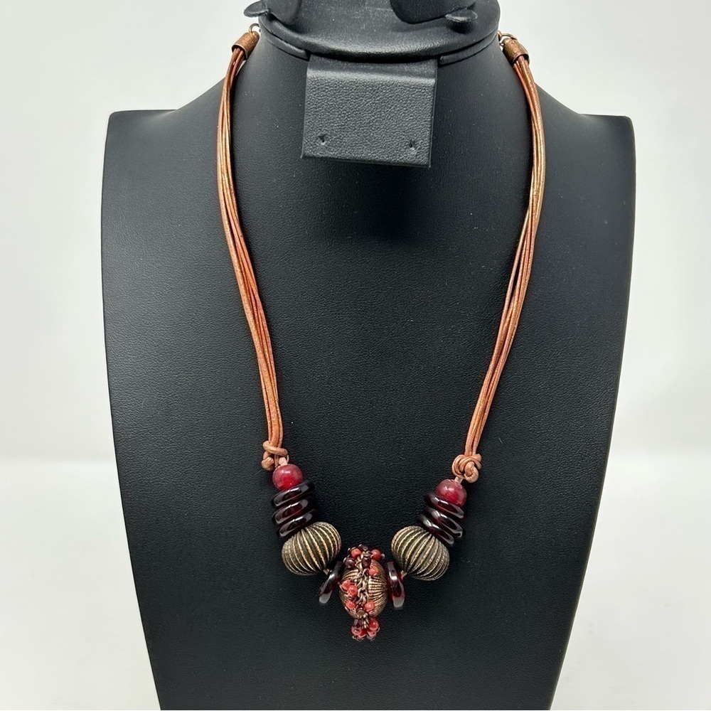 Chico's Bohemian Chunky Red Beaded Necklace with Bronze Tone Layered Cords 18"